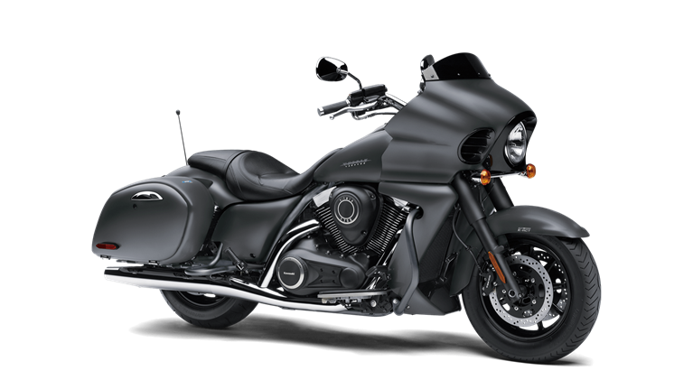A black motorcycle is parked on a white background.
