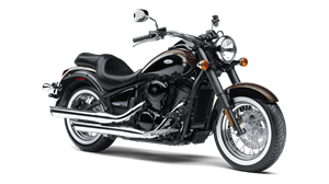 A black and brown motorcycle is parked on a white background.