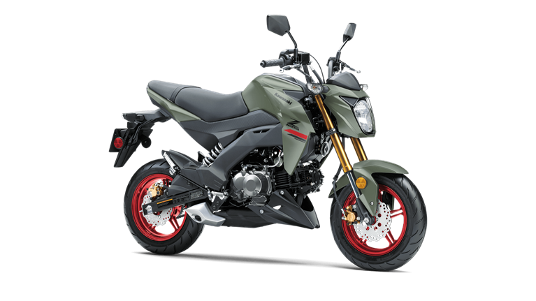 A green motorcycle with red wheels is on a white background.