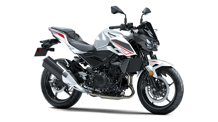 A white and black motorcycle on a white background.