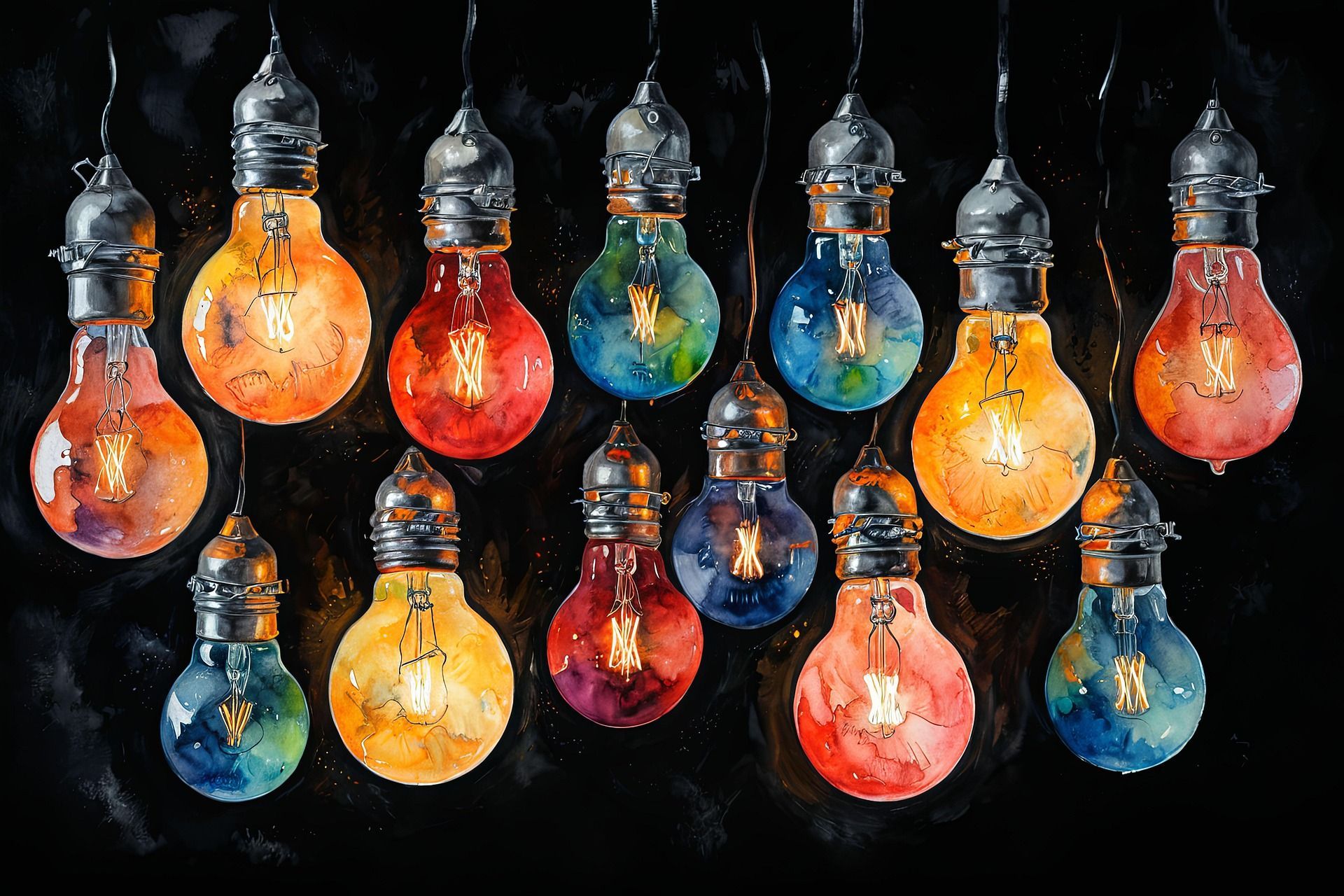 Immagine di lampadine colorate con stile acquerello su sfondo nero