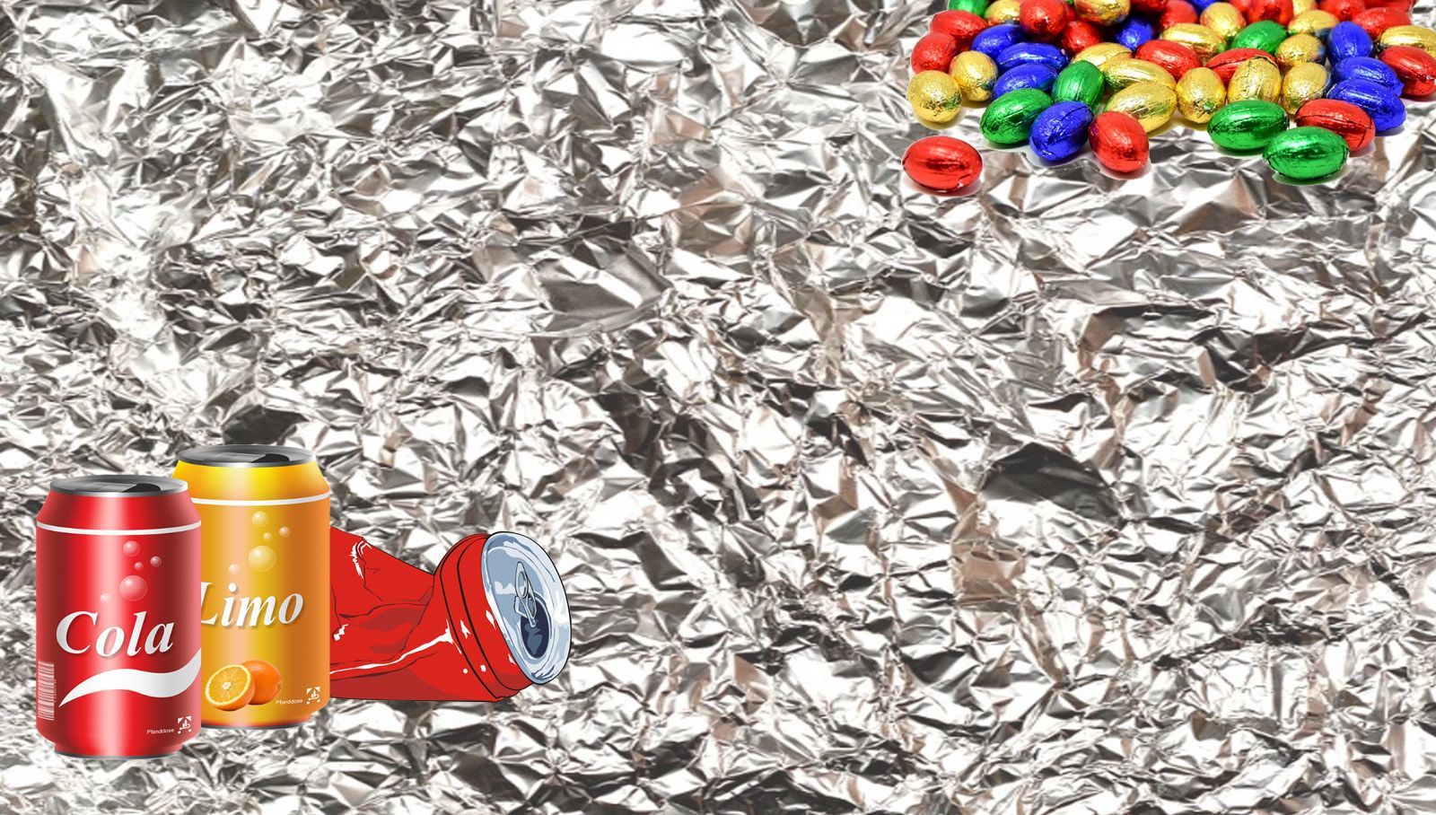 Foglio di alluminio accartocciato su cui sono appoggiati tre lattine e una pila di ovetti colorati