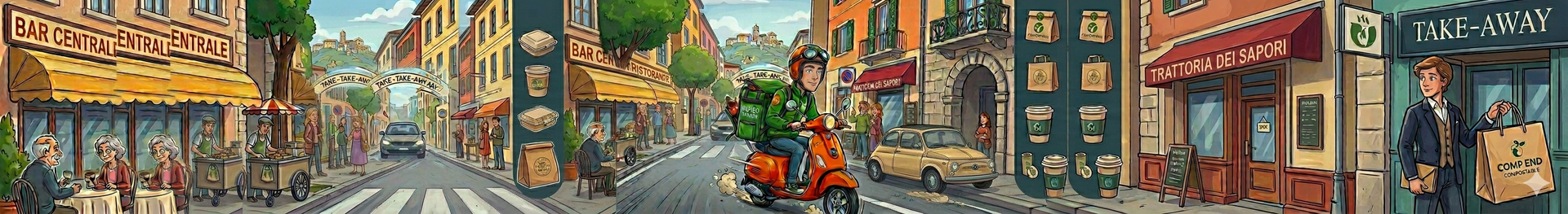 Rider che consegna cibo in città, con vari contenitori per il take-away