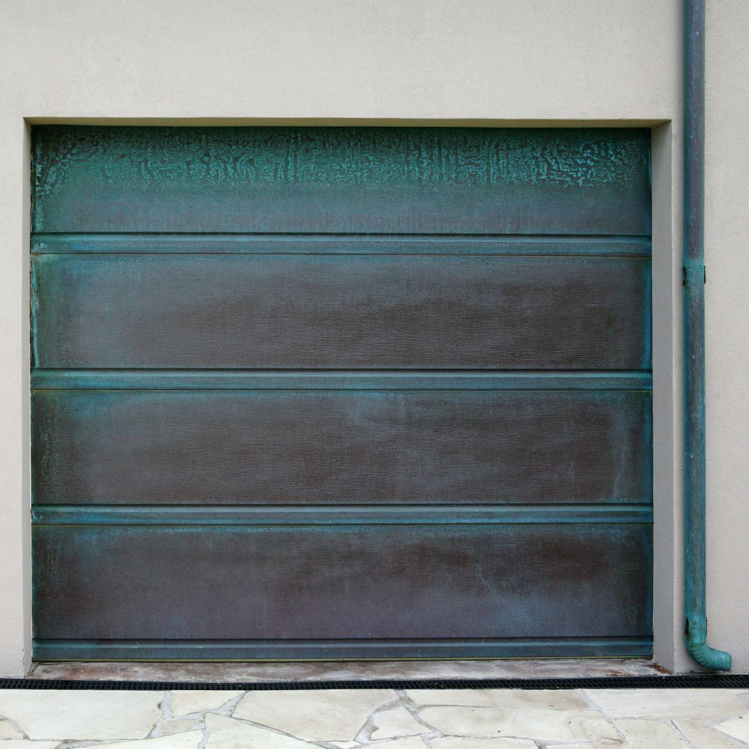 A worn garage door