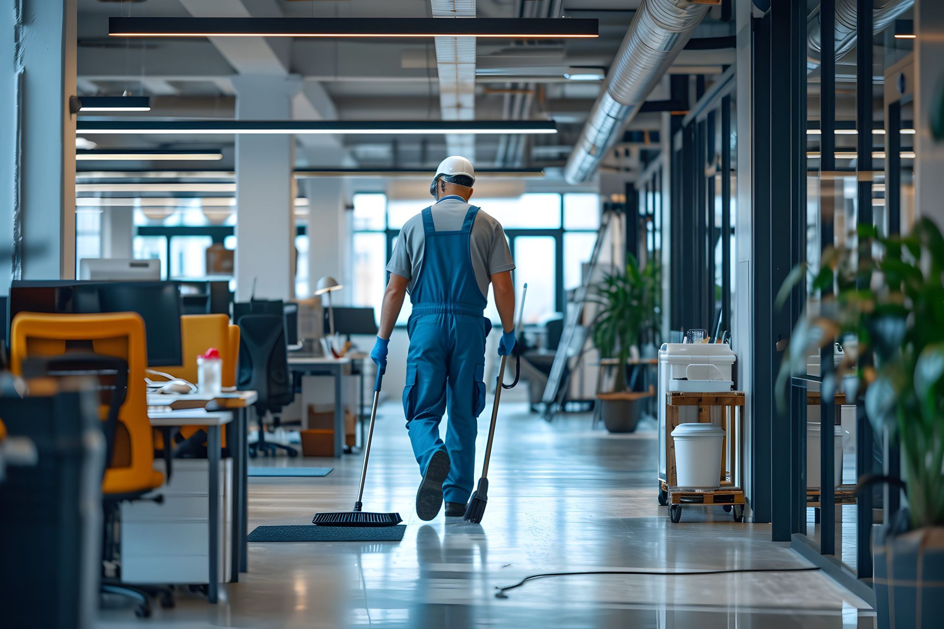 A janitor in blue overalls mops an office floor. Office setting, seen from behind.