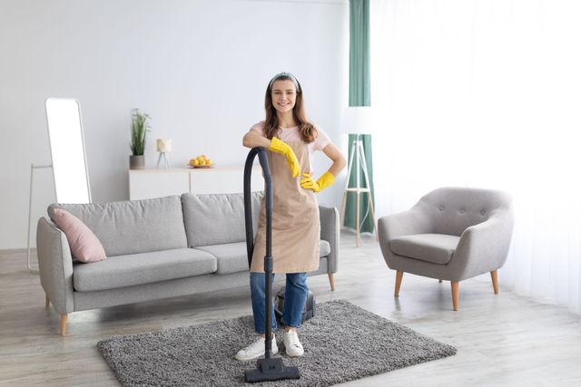 a woman is cleaning the floor with a vacuum cleaner in a living room .
