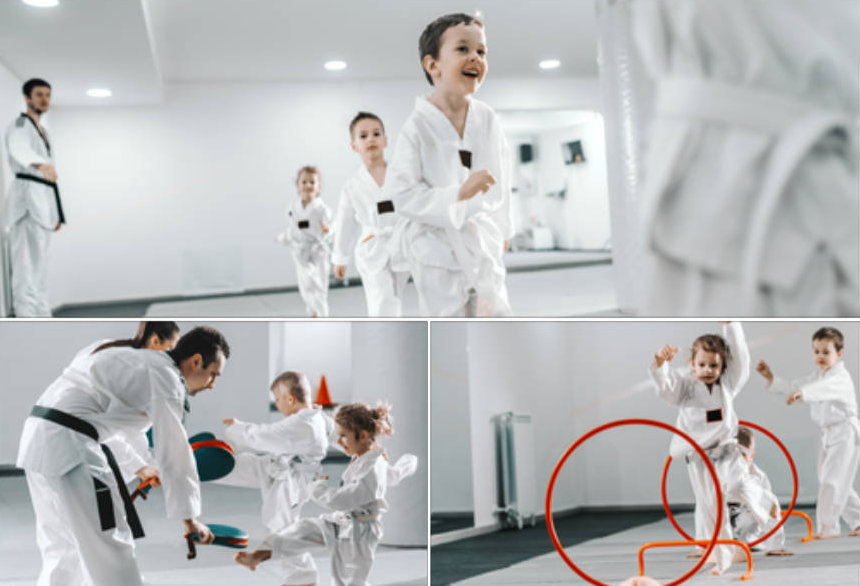 A group of children are practicing karate in a gym.