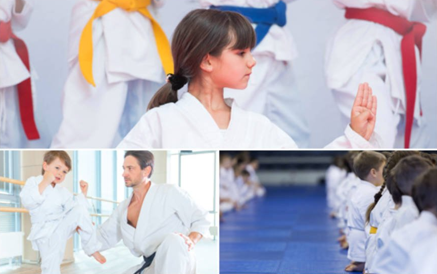 A group of children are practicing karate in a gym.