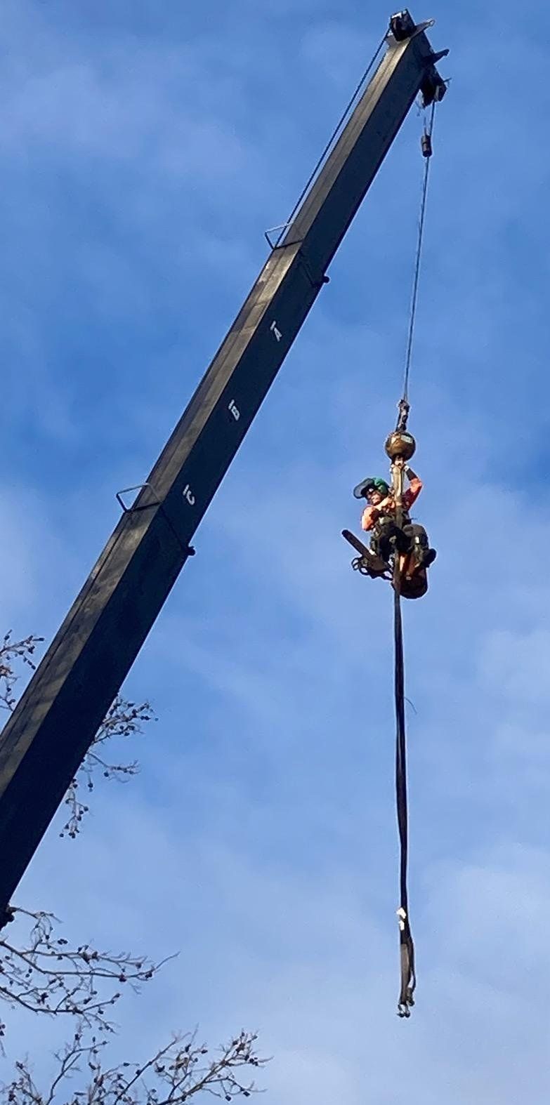 A man is hanging from a crane with a blue sky in the background.