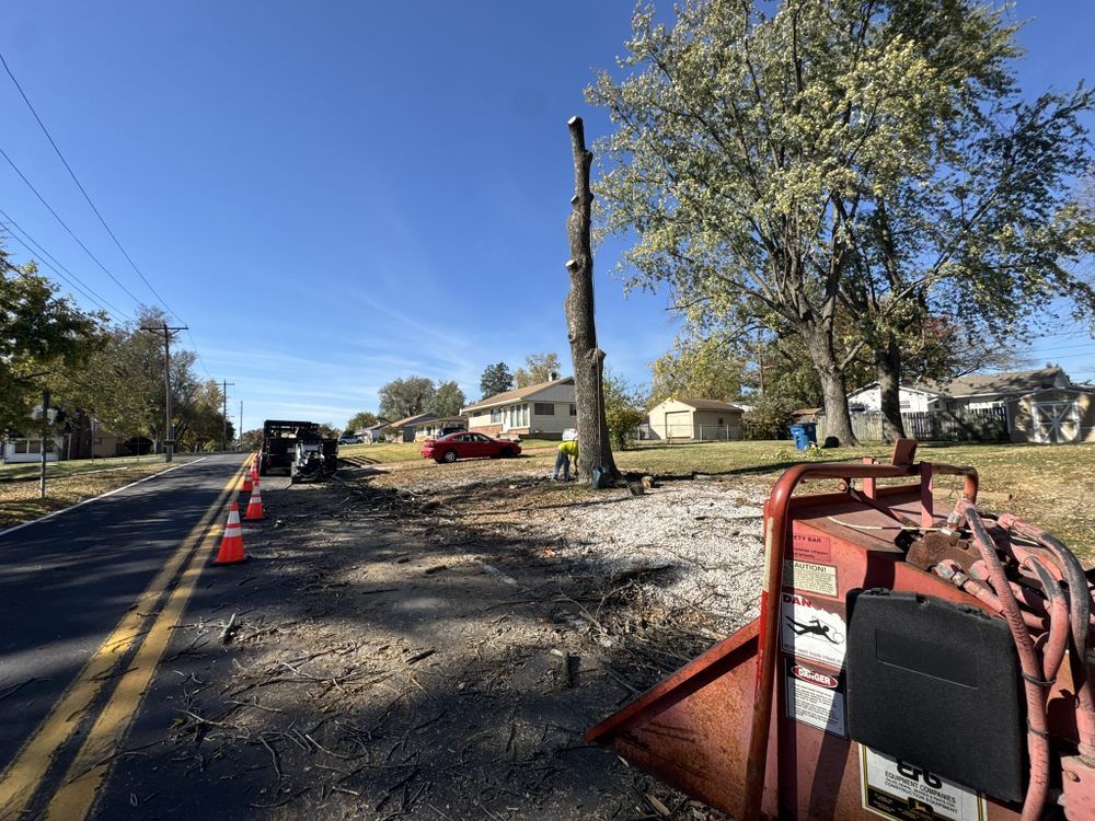A red tree chipper is sitting on the side of the road next to a tree.