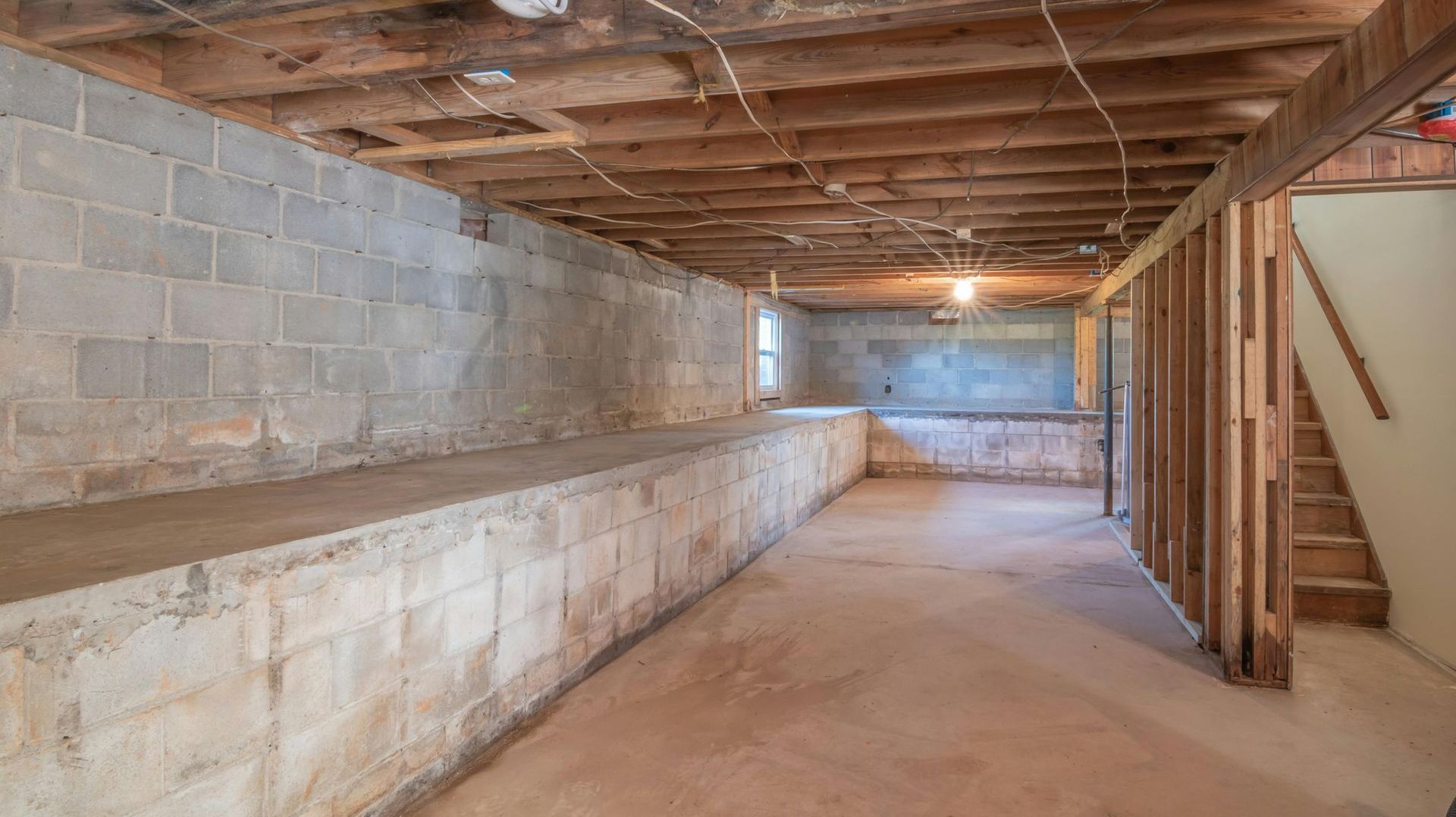 Empty, unfinished basement with concrete block walls, exposed wooden beams, and a concrete floor. A staircase leads upwards.