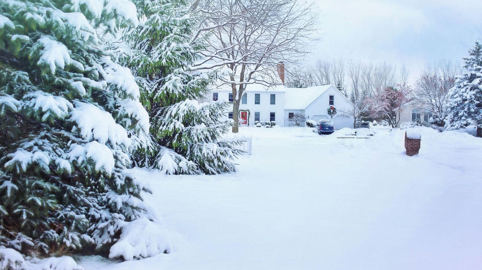 Snow-covered landscape with a white house in the background and evergreen trees in the foreground. A mailbox is to the right.