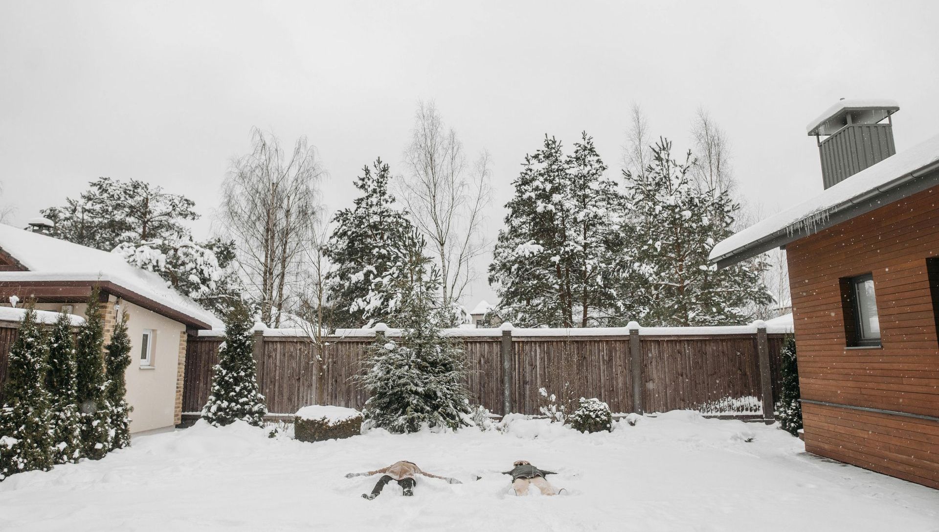 Snowy backyard scene with houses and trees. Two people make snow angels in the fresh snow.