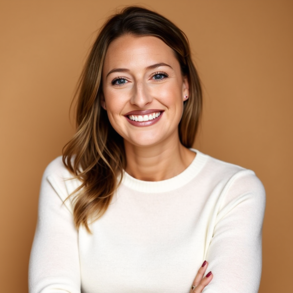 Woman with light brown hair, smiling, wearing a white sweater against a tan background.