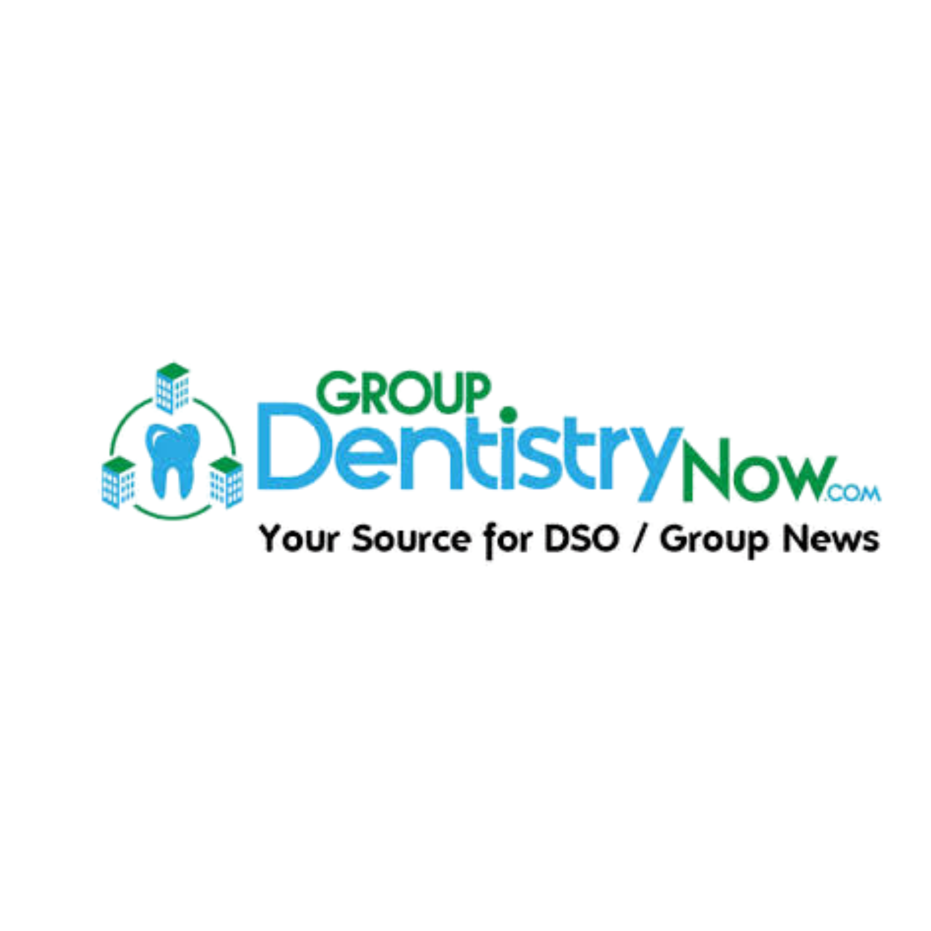 Logo for Group Dentistry Now.com featuring a central tooth icon surrounded by building symbols with text below.
