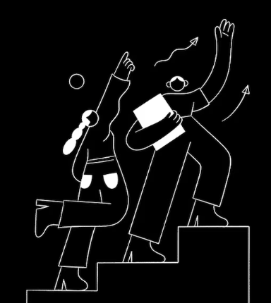 Two figures walking up stairs, one pointing up, other carrying a document, with upward arrows.