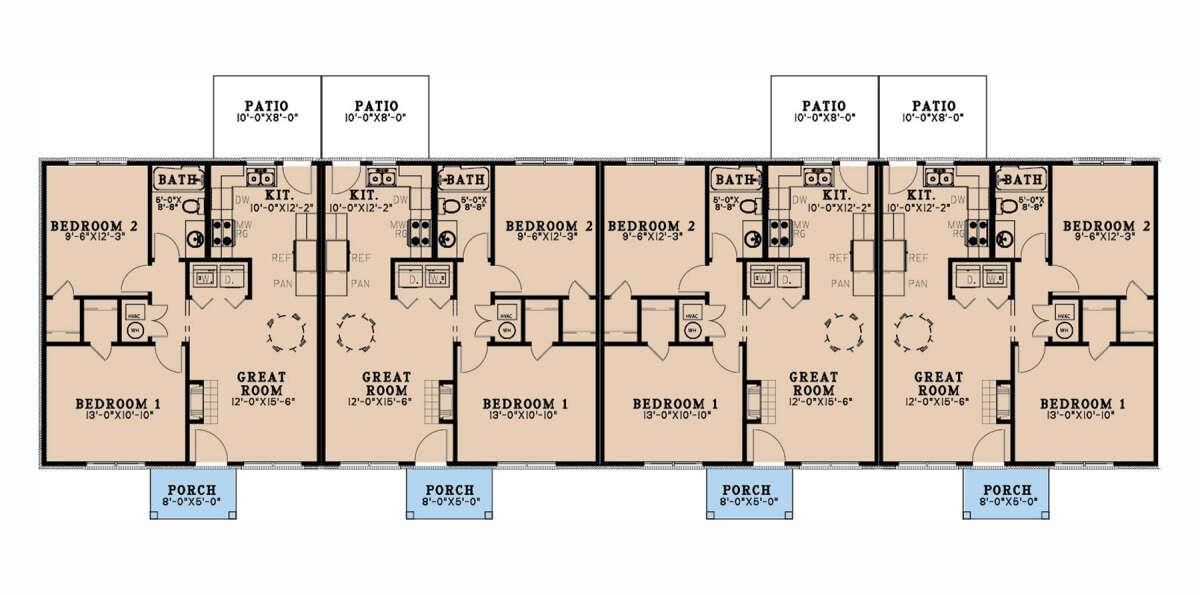 Apartment floor plan with several units in tan and beige, showing rooms and dimensions