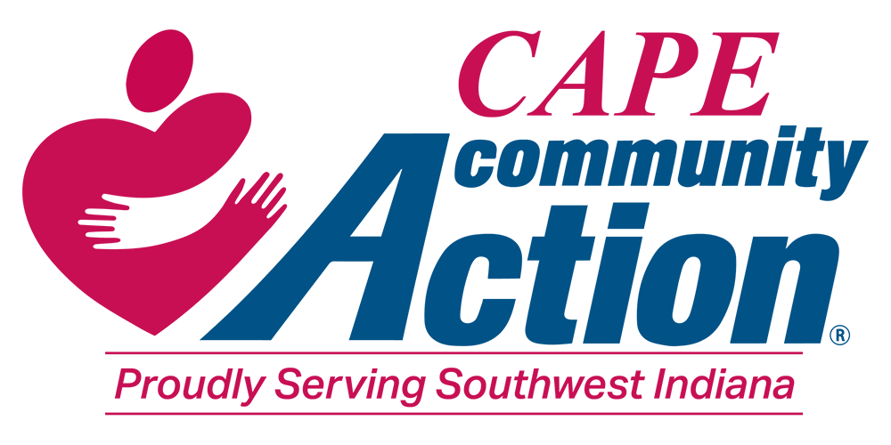 CAPE Community Action logo with pink heart and blue text, “Proudly Serving Southwest Indiana”