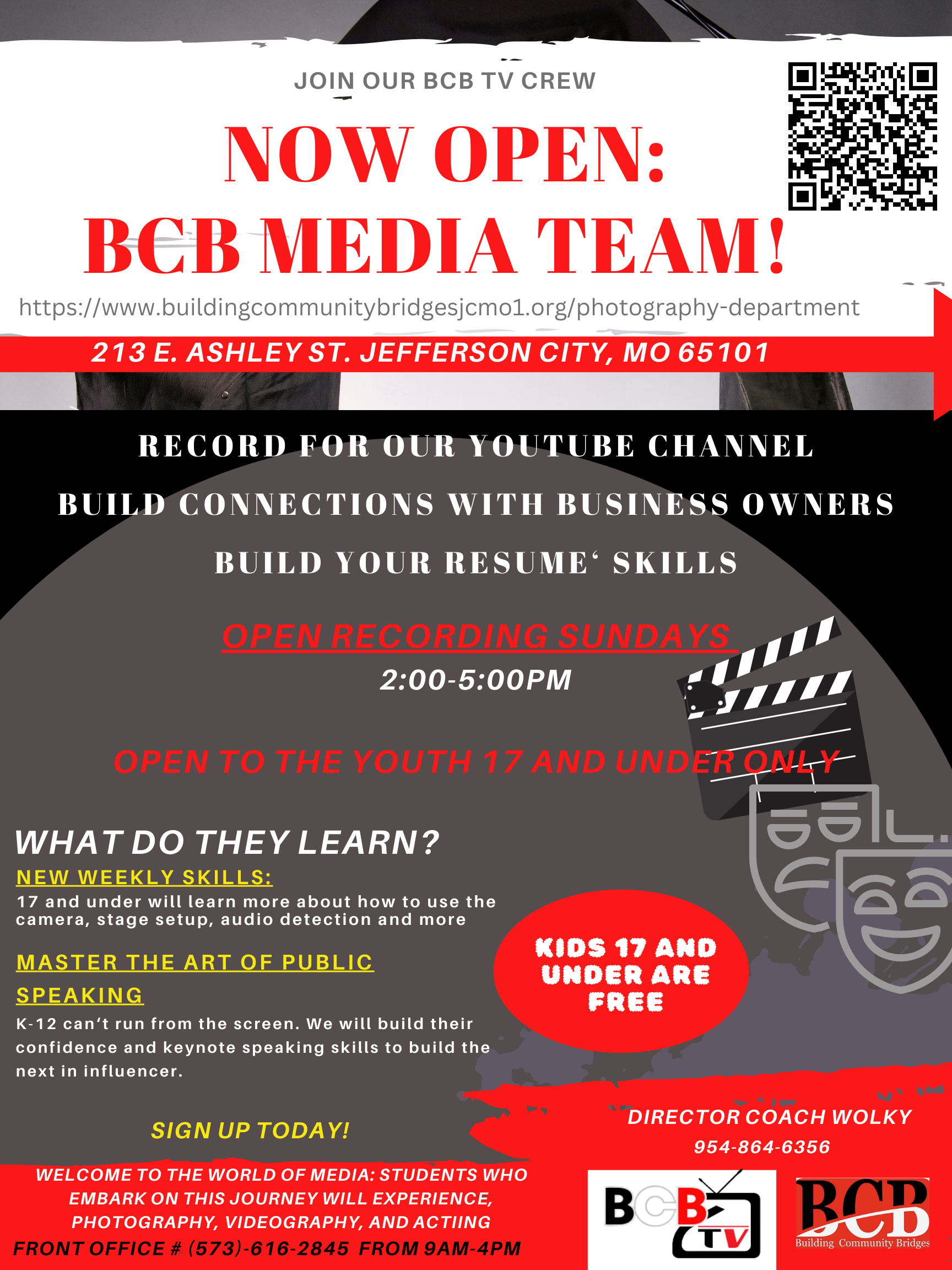 A poster that says now open bcb media team