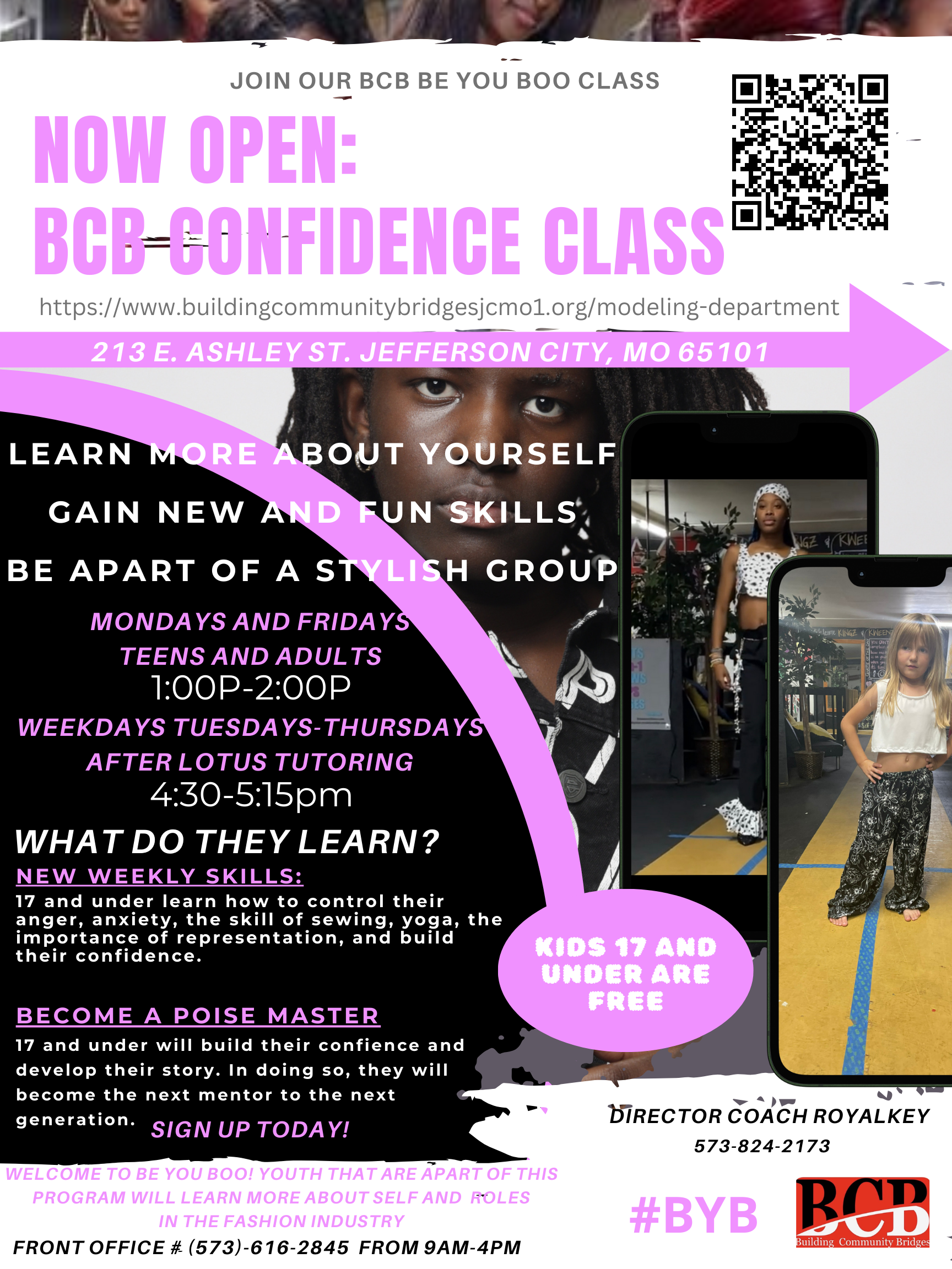 A flyer for a confidence class with a picture of a man and a girl on it.