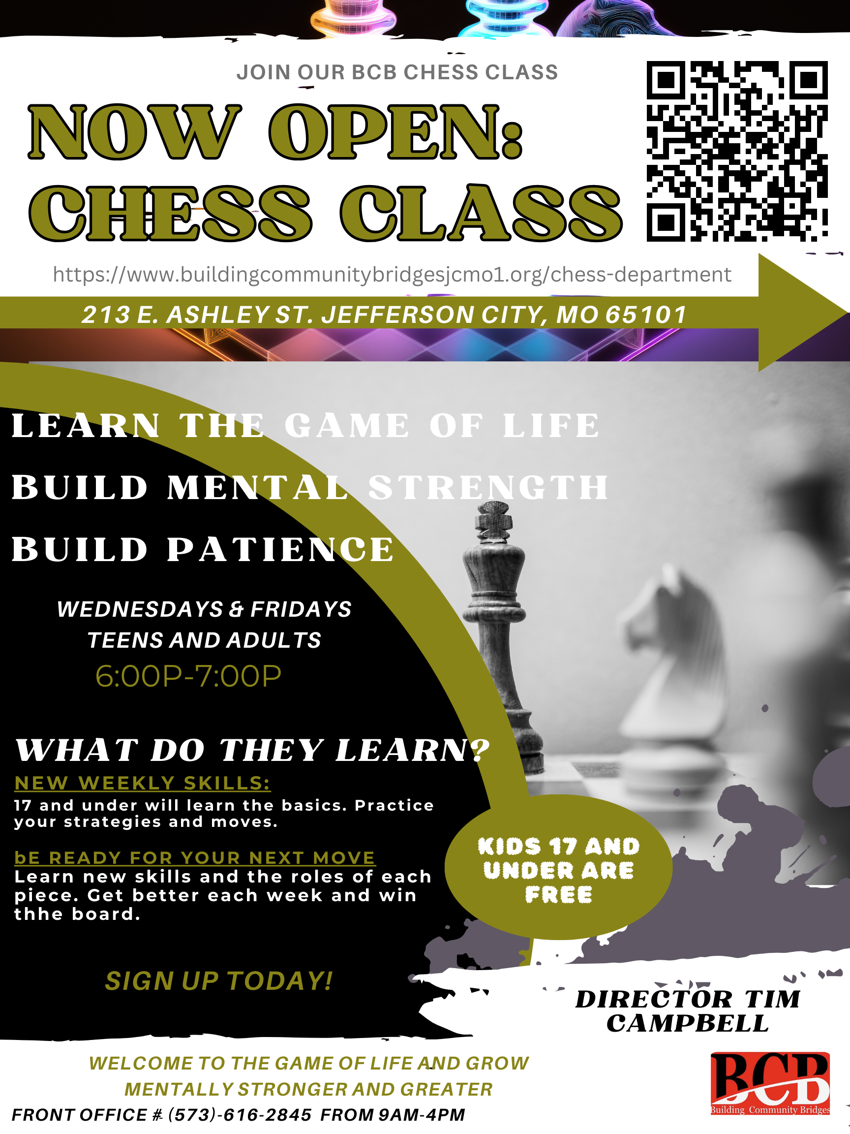A poster for a chess class that is now open.