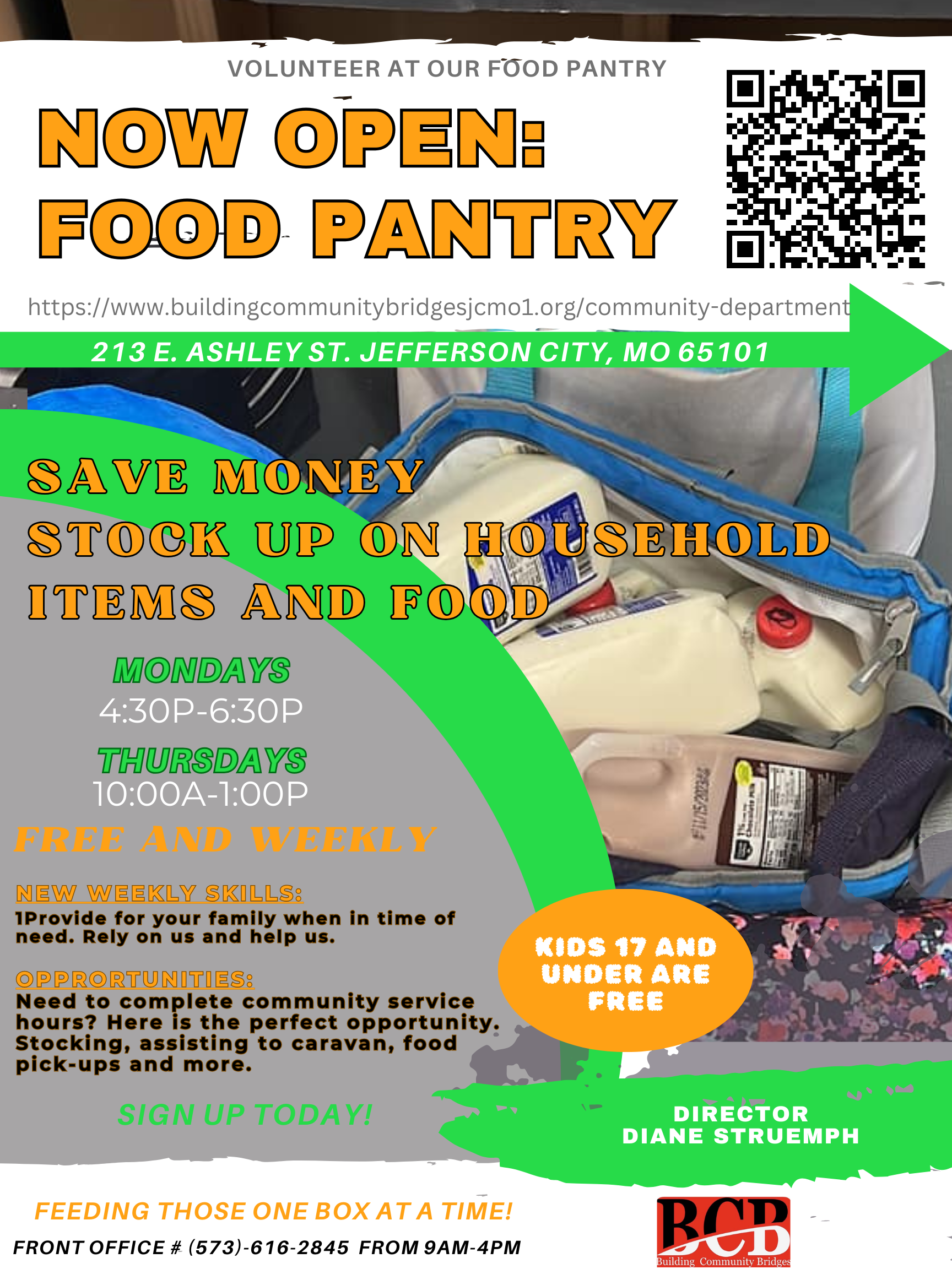 A poster for a food pantry that is now open