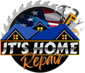Logo for JT's Home Repair: a house silhouette with tools, US flag background, and text "JT's Home Repair".
