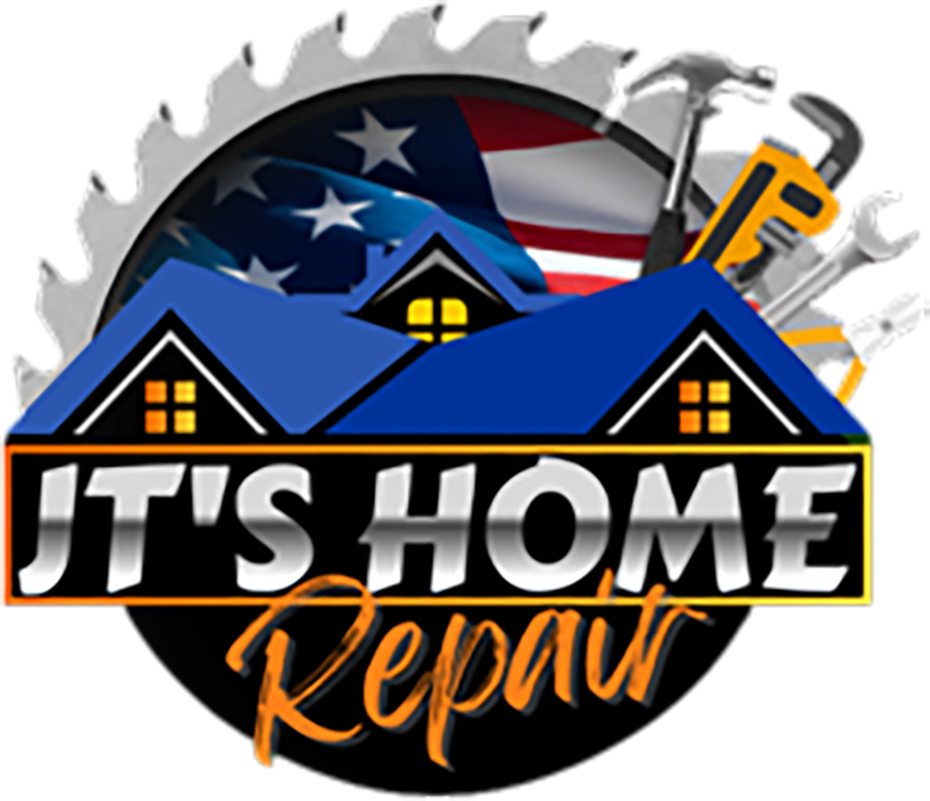 Logo for JT's Home Repair: a house silhouette with tools, US flag background, and text "JT's Home Repair".