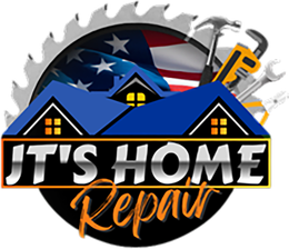 Logo for JT's Home Repair: a house silhouette with tools, US flag background, and text "JT's Home Repair".