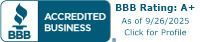 BBB Accredited Business, rating A+ as of 9/26/2025.