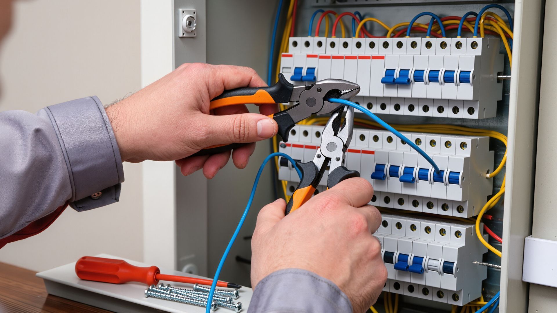A professional technician performing electrical troubleshooting on a circuit panel.