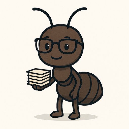 Cartoonmier met bril die een stapel boeken vasthoudt.