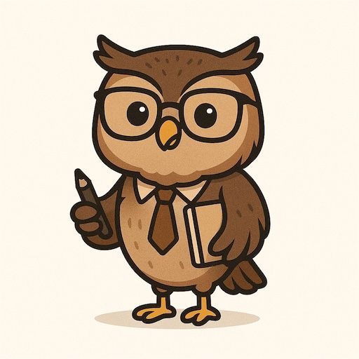 Cartoonuil met bril, potlood en boek in de hand, stropdas en overhemd.