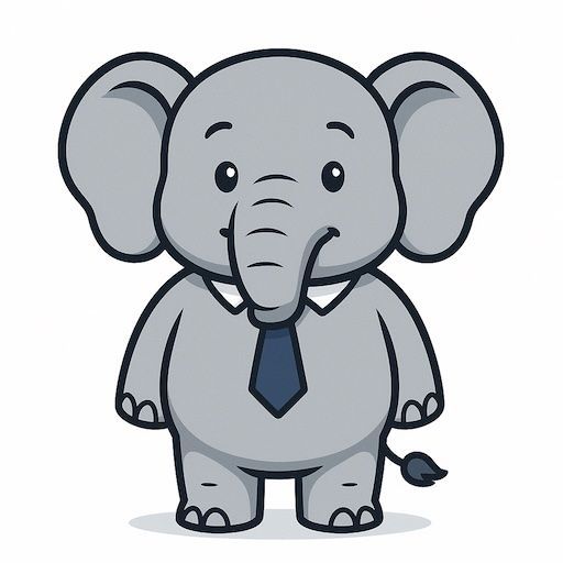 Cartoonolifant met blauwe stropdas, lachend en staand.