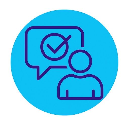 Persoon met tekstballon, vinkje, blauw.