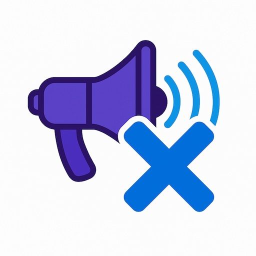 Paarse megafoon met blauwe geluidsgolven doorkruist door een blauwe X. Geeft aan dat het geluid gedempt of uitgeschakeld is.