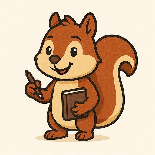 Cartoon eekhoorn met een pen en notitieboekje, lachend. Bruin en beige.