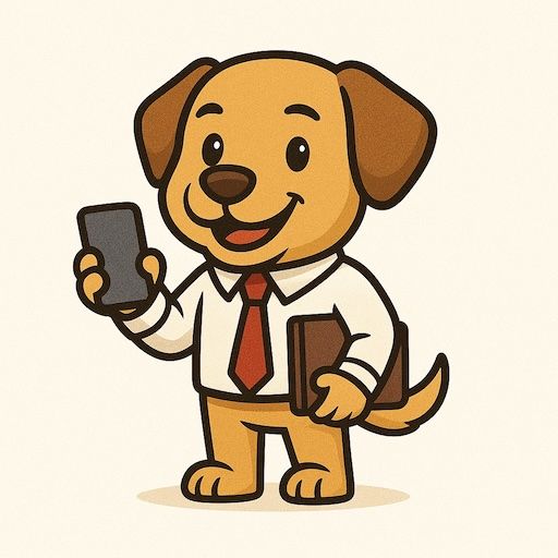 Cartoonhond in een pak met een telefoon en een map in de hand, lachend.