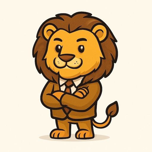 Cartoon leeuw in een bruin pak met gekruiste armen, lachend.