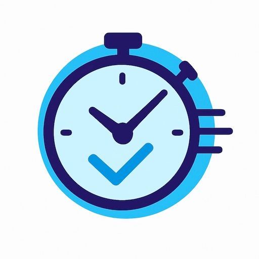 Blauwe stopwatch met een vinkje, symbool voor snelheid en goedkeuring.
