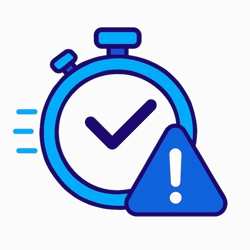 Blauwe stopwatch met vinkje en waarschuwingsdriehoek.