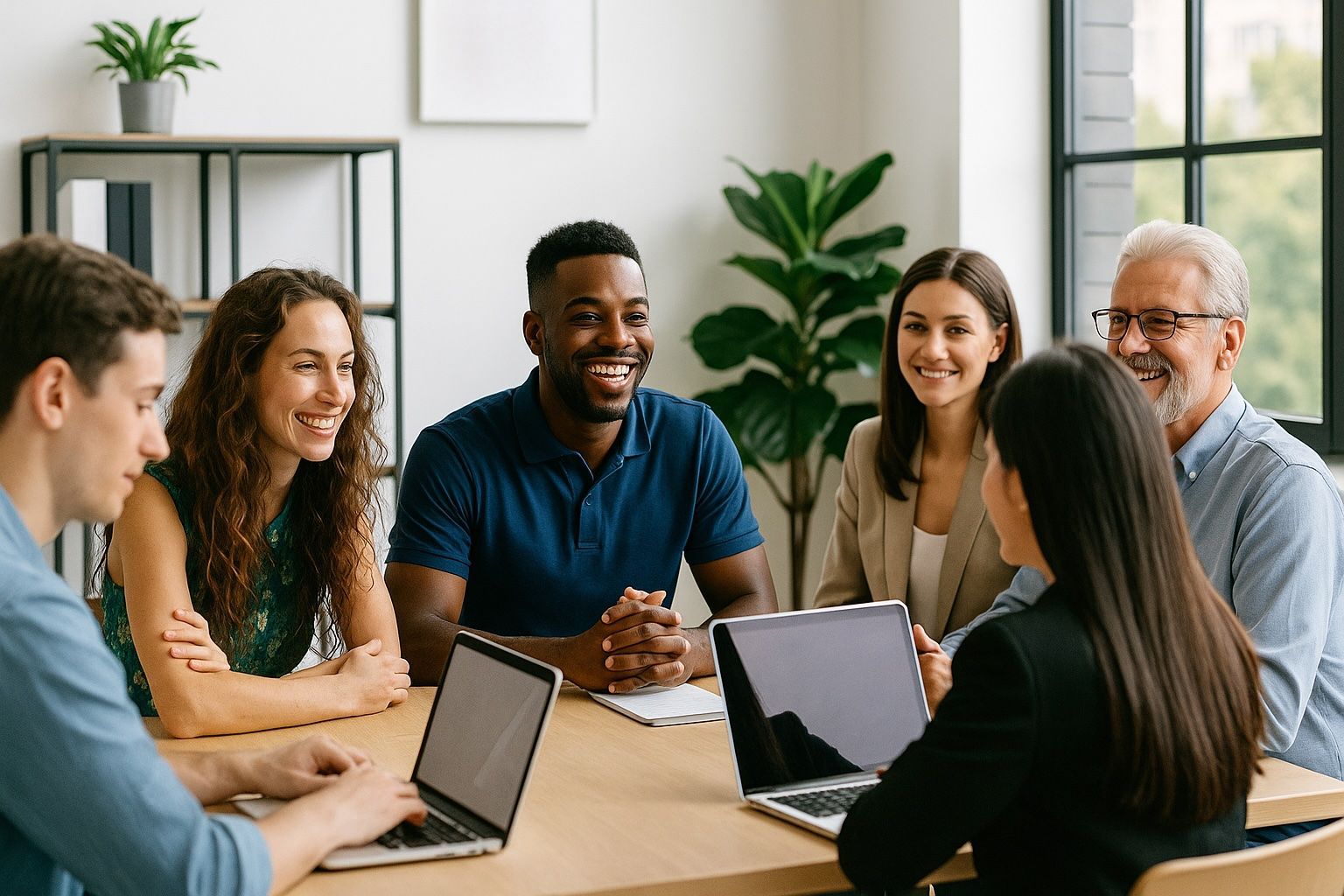 Twee vrouwen lachen en kijken naar hun laptop op een terrasje.