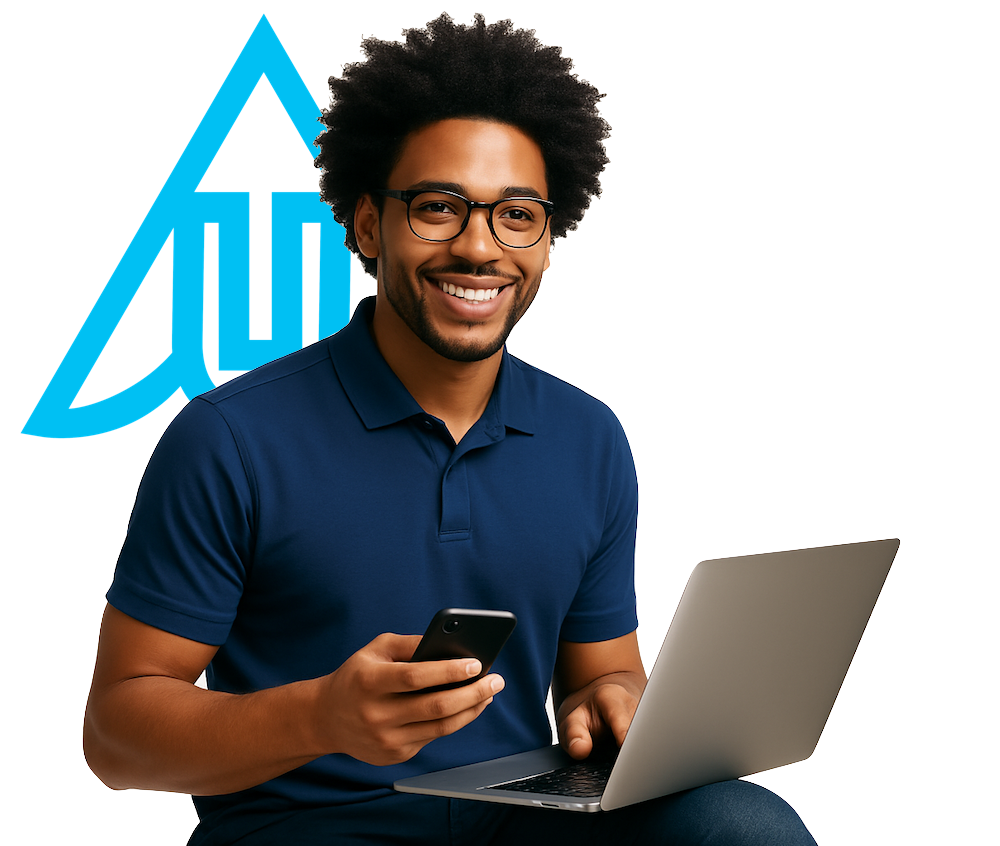 Lachende man met bril, met telefoon en laptop in zijn handen, met een blauw logo op de achtergrond.