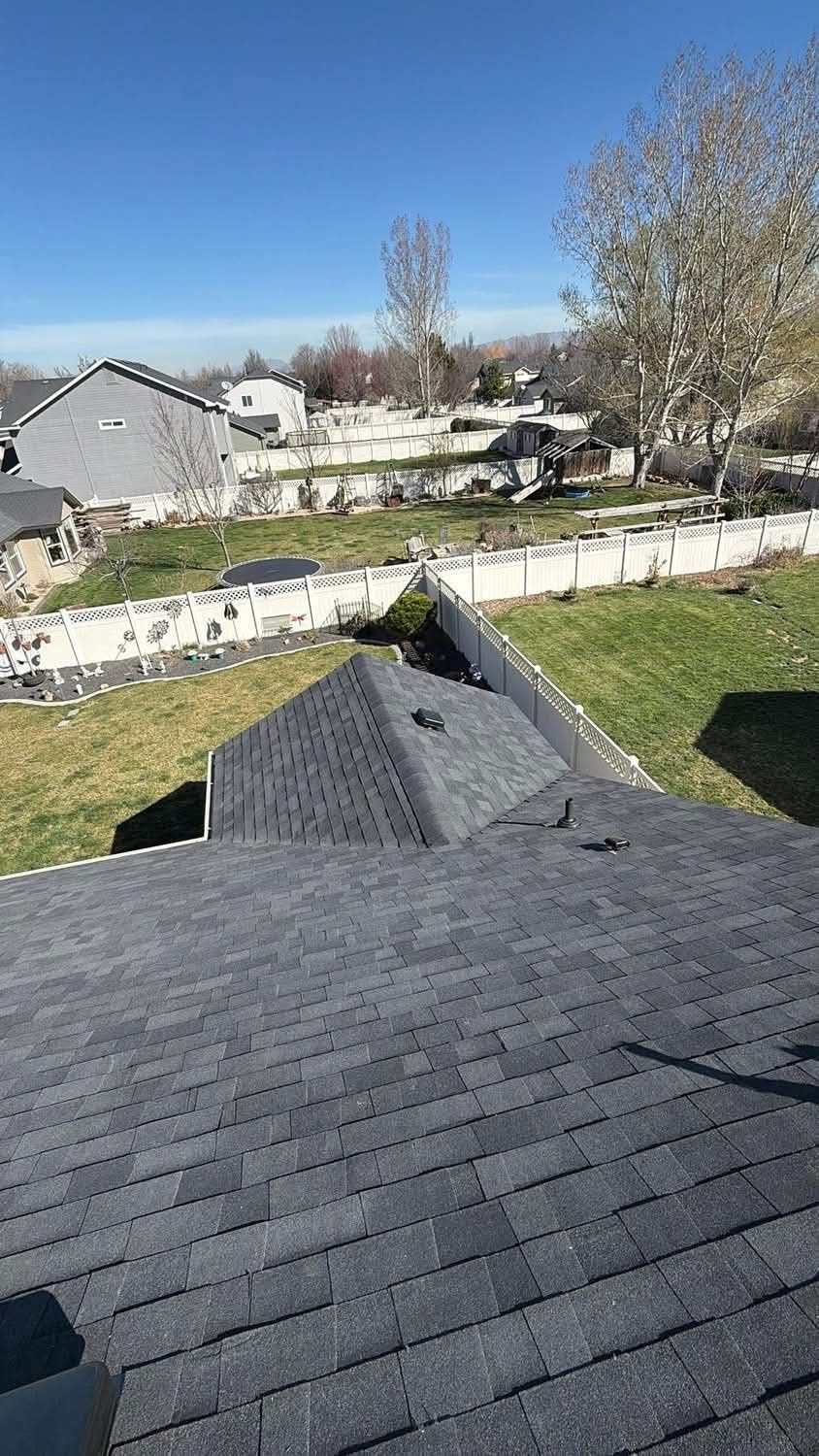 View from a dark shingled roof over a suburban backyard with trees, houses, and a clear blue sky