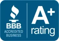 BBB Accredited Business logo with A+ rating in white on blue background