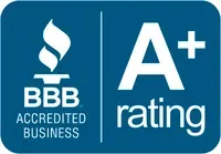 BBB Accredited Business logo with A+ rating in white on blue background