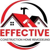 Effective Construction Home Remodeling logo with red and black house roof and hammer icon