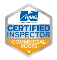 HAAG Certified Inspector Commercial Roofs badge in blue, white, gray and orange