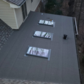 Rooftop with three skylights and a small black vent beside a house and trees