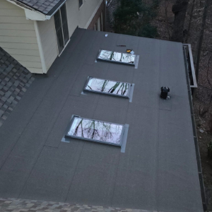 Rooftop with three skylights and a small black vent beside a house and trees